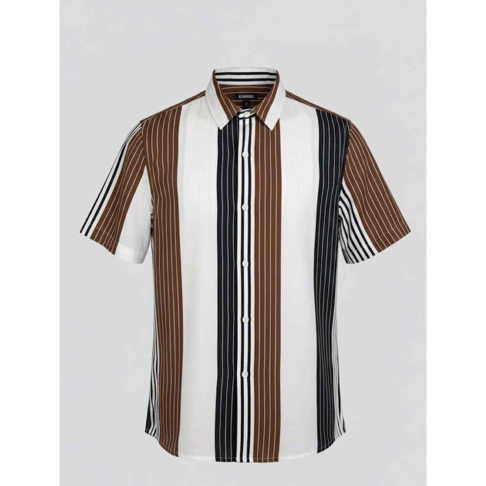 Express Black Brown White Striped Button Up Short Sleeve Size Medium